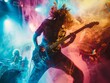 © Oskar Reschke - A high-energy shot of a math rock band performing on stage, with the guitarist mid-jump, intricate finger tapping visible, and vibrant, angular lighting creating a sense of dynamic movement