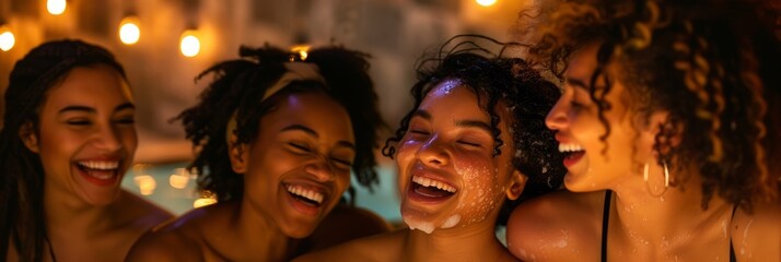 A lifestyle photograph of a diverse group of friends laughing together at a cozy spa, each with glowing, moisturized skin after indulging in a rejuvenating treatment, embodying the joy and camaraderie