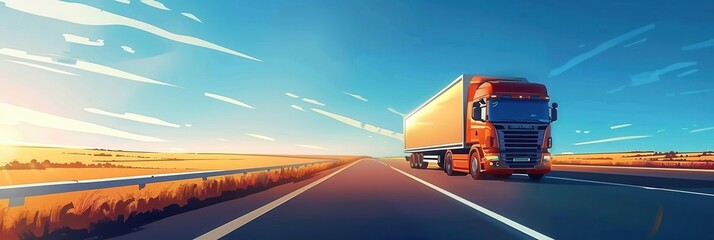 Poster - A red semi-truck drives down a highway with a clear blue sky above. The horizon is open and the sun is shining. Generative AI