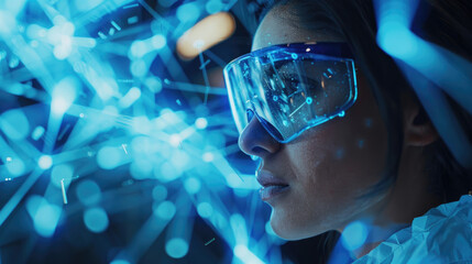 Wall Mural - Close Up of a Woman Wearing Safety Glasses Looking at Blue Light