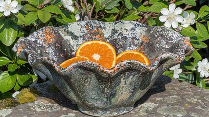   A bowl containing orange slices rests atop a stone in front of a bush adorned with white blossoms and verdant foliage