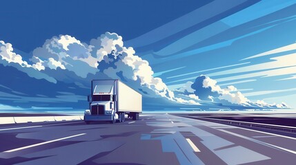 Poster - A white semi-truck drives down a highway on a sunny day, with a blue sky and fluffy white clouds above. Generative AI