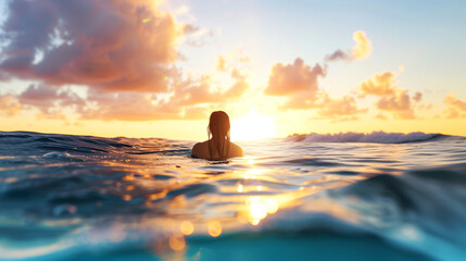 Silhouette of woman in the ocean surfing wave at sunset 