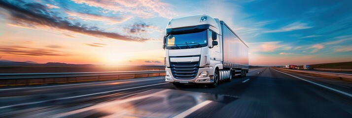 Poster - A white semi-truck drives down a highway as the sun sets on the horizon. Generative AI