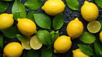 Canvas Print - lemons and green leaves 