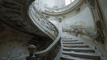 An abandoned and decaying grand staircase in an ornate building