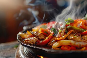 Sizzling fajitas on cast iron skillet, Tex-Mex specialty, with copy space