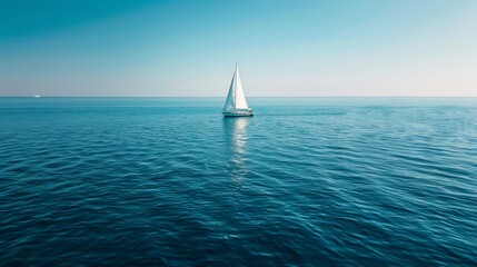 Wall Mural -  A sailboat in the mid-ocean on a sunny day, surrounded by a blue sky peppered with a few clouds