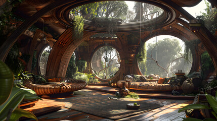 Wall Mural - High-fantasy interior view of a circular bushcraft wooden home