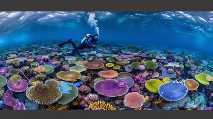 Wall Mural - Vibrant coral reef with scuba diver.