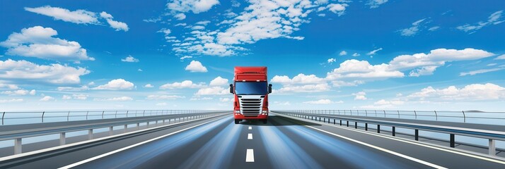 Poster - A red semi-truck drives on a highway with a clear blue sky and white clouds above. Generative AI