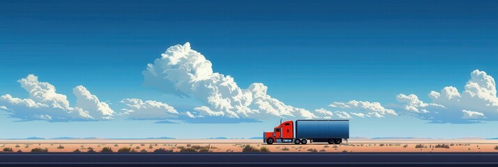 Poster - A red semi-truck travels along a desert highway under a bright blue sky with fluffy white clouds. Generative AI