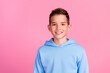 © deagreez - Photo portrait of cute teen boy look camera toothy smile dressed stylish blue clothes isolated on pink color background