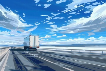 Poster - A white semi-truck drives down a highway with an open horizon and a clear blue sky. Generative AI