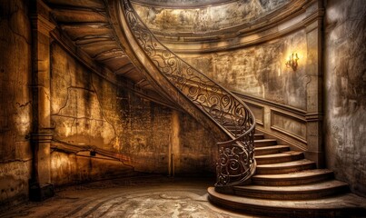 A haunting spiral staircase in a dimly lit aged building