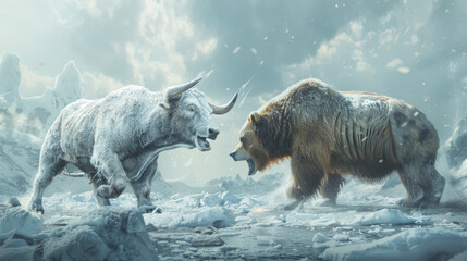 Wall Mural - bear are fighting with a bull in a snowy field. the bears are white and have horns. the sky is orang