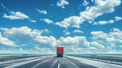 Poster - A red semi-truck drives on a highway under a clear blue sky with white clouds. Generative AI