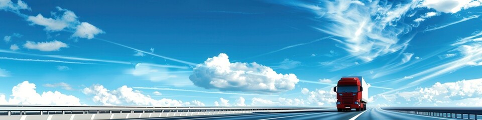 Poster - A red semi-truck drives on a highway under a bright blue sky with white clouds. The horizon stretches out in the distance. Generative AI