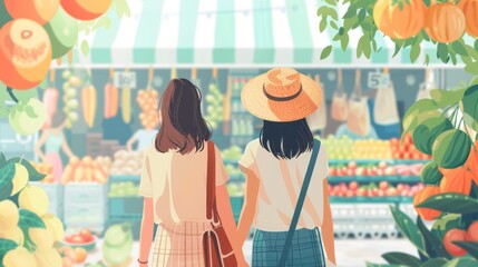 Wall Mural -  Two women standing beside each other, facing a fruit and vegetable store