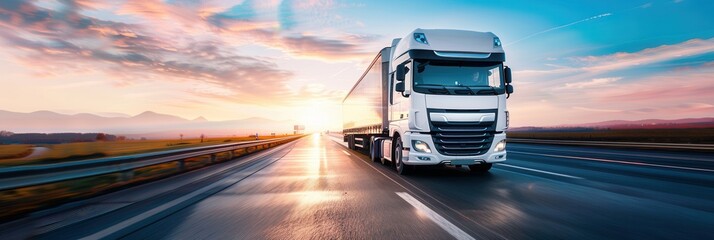 Poster - A white semi-truck drives down a highway towards the setting sun. The sky is a mix of blue and pink with fluffy clouds. Generative AI