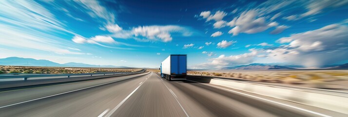 Poster - A white semi-truck with a blue trailer drives on a highway with an open horizon and a blue sky with white clouds. Generative AI