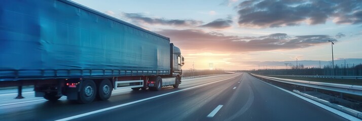 Poster - A semi-truck drives down a highway at sunset, with a blue sky and open horizon in the background. Generative AI
