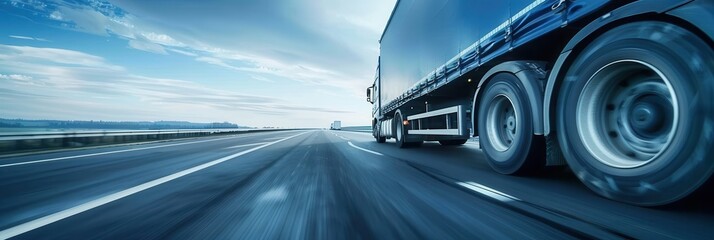 Poster - A large, black semi-truck drives on a straight highway under a clear, blue sky with a few white clouds. The truck is moving fast, and the wheels are blurred. Generative AI