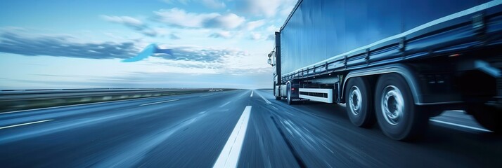 Poster - A black semi-truck drives on a long, straight highway with a clear blue sky and white clouds. Generative AI
