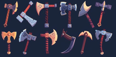 Wall Mural - A set of Viking axes for medieval battles and fighting. Cartoon set of antique heavy weapons with broad metal blades for game interfaces. Hatchets with wooden handles separated on a white background.