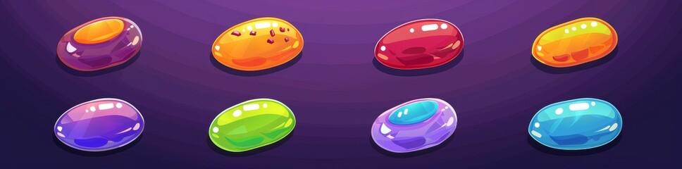 Wall Mural - Cartoon candies, game icons and UI buttons for app design. Colorful glossy sweets, gui graphic elements for menus or user panels in 3D.