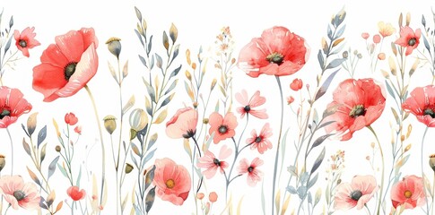 Wall Mural - Watercolor seamless pattern with wild flowers botanical illustration