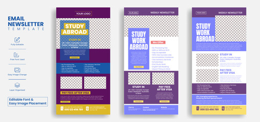 Wall Mural - set of editable email newsletter template for education, study abroad and online learning website ui
