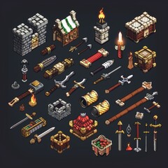 Wall Mural - A collection of retro 8bit icons for RPG games, pixels for RPG game items, and stock images