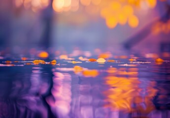 Wall Mural - Blurred autumn background with yellow leaves and purple colors reflecting on water creating a tranquil scene. Generative ai