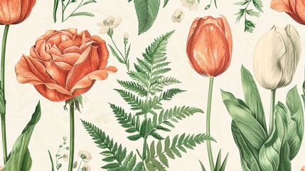 Wall Mural - Floral patterns depicting roses, peonies, daisies, and ferns on aged paper, handdrawn classic botanical images for fabrics, wallpaper, and stationery.