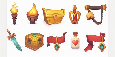 Sticker - Cartoon gaming badge mobile casino ui element, fantasy chest gold coin key bell warrior gear 2d historical items magic energy diamond, neoteric modern illustration.