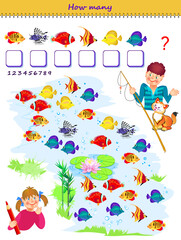 Wall Mural - Educational page for little children. How many fishes can you find in the lake? Count the quantity and write the numbers. Printable worksheet with exercise for kids. Logic puzzle game. Vector image.