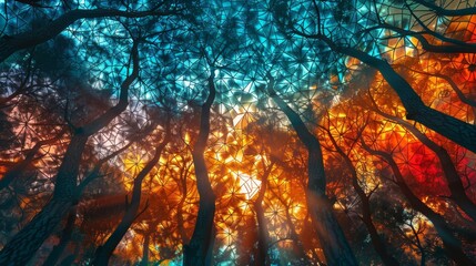 Poster -  A painting of sunny trees with red, orange, blue, yellow, and green leaves