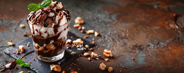 Fudgy brownie sundae with vanilla ice cream, chocolate sauce, and chopped nuts.