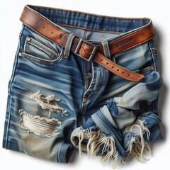 Worn denim jeans with fading and frayed hems close up isolated o