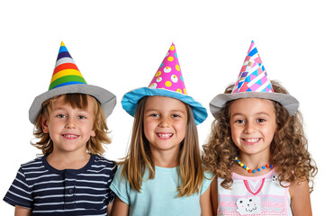 Happy kids wearing birthday hats alone against transparent background