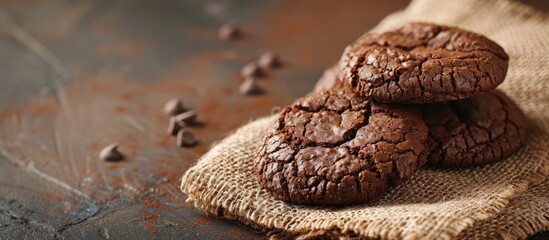 Fototapete - Delicious homemade chocolate cookies displayed on burlap with copy space image