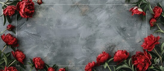Leinwandbilder - Flat lay composition with red peonies on a gray backdrop featuring a blank frame for text perfect for use as a copy space image