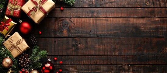 Poster - Christmas fir tree and gift boxes arranged on a wooden board with a large copy space image