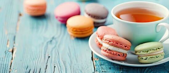 Canvas Print - A vibrant array of macarons with a cup of tea in a visually appealing setting perfect for a copy space image