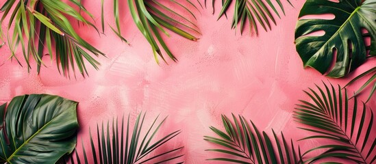 Aufkleber - Bright pink background adorned with artistic tropical leaves allows space for personalized content emphasizing a vibrant tropical theme in a flatlay copy space image