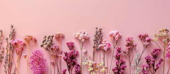 Sticker - Flat lay composition with dried flowers arranged on a soft pink background offering a minimalist aesthetic with ample copy space for customization