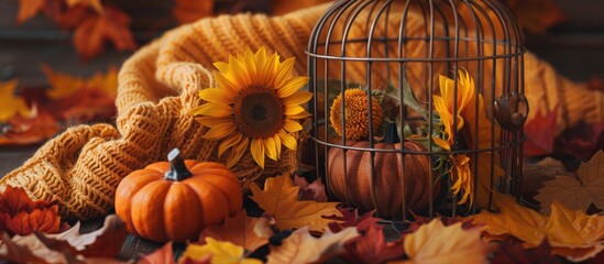 Aufkleber - A bronze cage sits on fallen maple leaves with sunflowers inside alongside an orange pumpkin and a yellow knitted sweater creating a cozy autumn copy space image