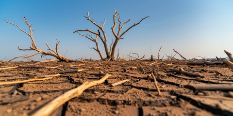 Wall Mural - dry, cracked earth, dead tree branches, and a blue sky a visual representation of climate change and