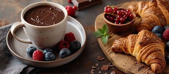 Poster - A cozy image of hot chocolate with French croissants berries on a wooden board suitable for adding text Focus is selective. Creative banner. Copyspace image